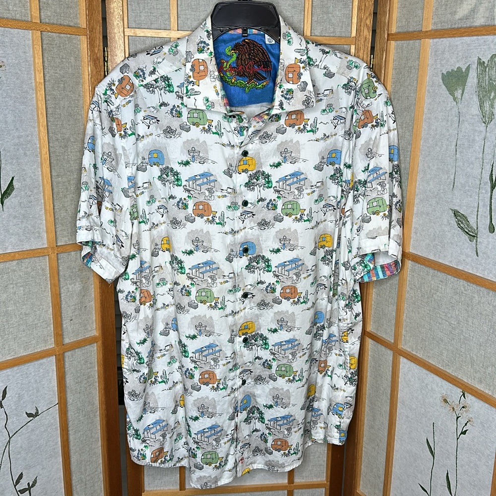 Robert Graham Graphic campground design Print Shirt with Red Embroidery size 2XL